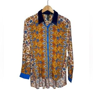 Aratta Mixed Print Blue Velvet Button Up Blouse NWT Small Boho Retro